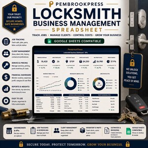 May include: A PembrookPress Locksmith Business Management Spreadsheet displayed on a laptop screen, featuring a dashboard with KPIs, revenue trends, and expense breakdowns. The interface is Google Sheets compatible for tracking jobs and clients.