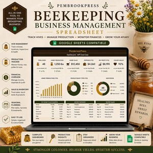 May include: A digital beekeeping business management spreadsheet displayed on a laptop screen, featuring a dashboard with KPI overviews, honey production charts, financial data, and hive status metrics. The interface includes text labels for tracking colonies, production, and sales, designed for Google Sheets compatibility.