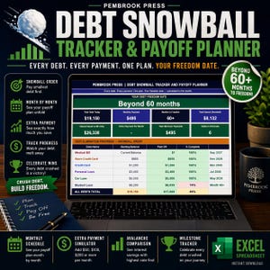 May include: A laptop displays a debt tracker and payoff planner with the text "Debt Snowball Tracker & Payoff Planner." The screen shows debt elimination progress, with a black mug and a notepad with a pen on the side. The overall theme is financial planning.