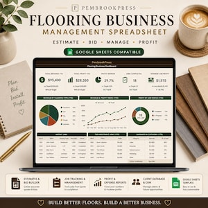Peut inclure: Une feuille de calcul numérique pour la gestion d'entreprise de revêtement de sol affichée sur un écran d'ordinateur portable. Le tableau de bord présente des graphiques et des tableaux de données sur les revenus et les profits. Texte inclus : PembrookPress Flooring Business Management Spreadsheet, Google Sheets Compatible, Build Better Floors, Build a Better Business.