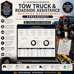 May include: A digital business management spreadsheet for tow truck and roadside assistance services, displayed on a laptop screen. The interface shows financial dashboards, job tracking, and service metrics. Includes icons for dispatching, fleet management, and invoicing.