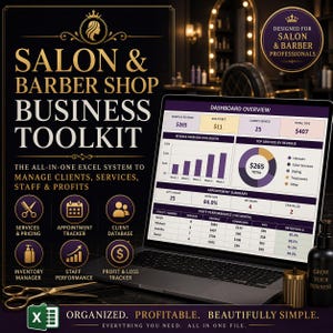 May include: A laptop displays a salon and barber shop business toolkit. The screen shows a dashboard overview with revenue, client, and tip data. The toolkit includes features for services, appointments, client management, and profit tracking. Gold scissors and a small container are in the foreground.