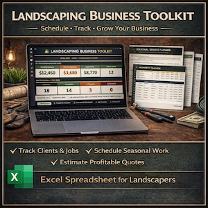 Puede incluir: Un portátil que muestra el "Landscaping Business Toolkit" con datos financieros, hojas de cálculo y el texto "Schedule, Track, Grow Your Business". También se ven otros documentos, bolígrafos y un rollo de cinta verde.