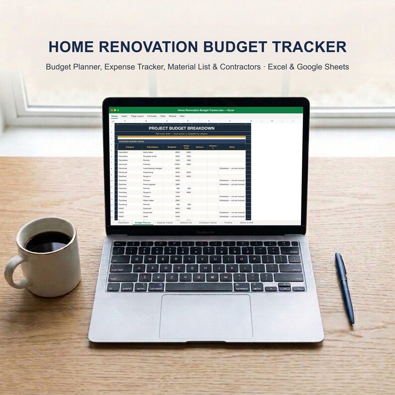 May include: A silver laptop displaying a Home Renovation Budget Tracker spreadsheet, a white ceramic mug filled with dark liquid, and a black pen on a wooden surface. The screen shows a project budget breakdown with columns for expenses.