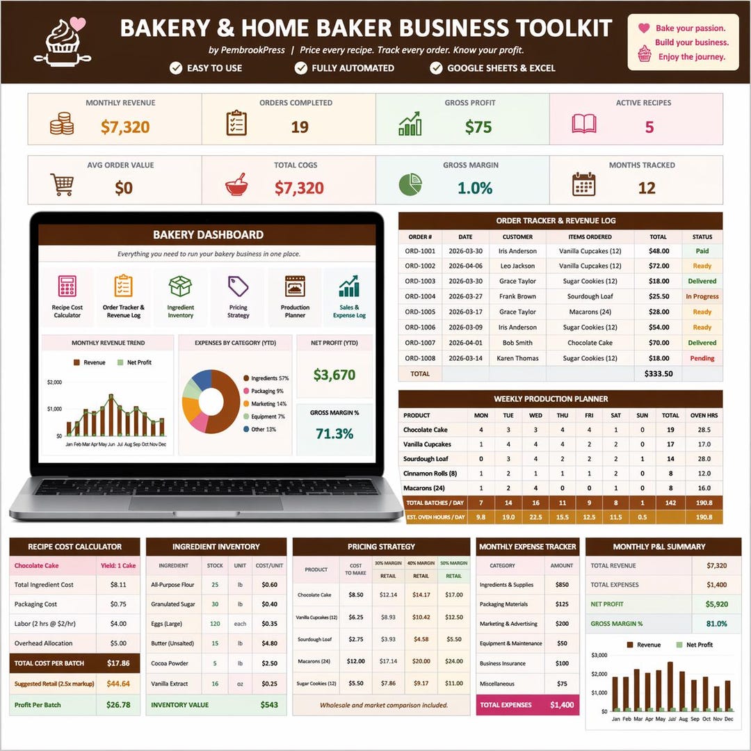 Bakery Business Spreadsheet | Recipe Cost Calculator, Order Tracker ...