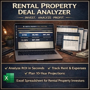 May include: A laptop displays a "Rental Property Deal Analyzer" spreadsheet with financial data. The image includes additional spreadsheets, pens, and cash, suggesting a tool for real estate investment analysis. Text on the image includes "Invest. Analyze. Profit."