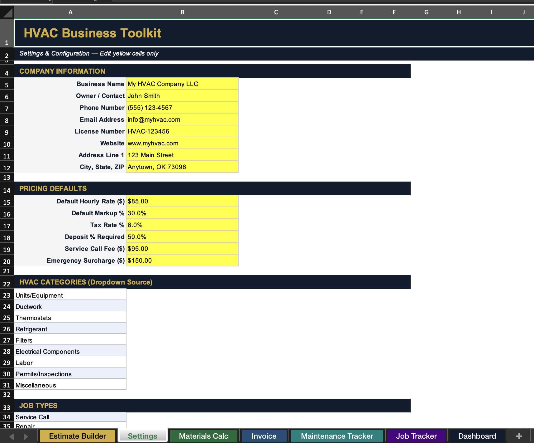 Installation Spreadsheet HVAC Business Toolkit Excel | Estimate, Invoice, Job Tracker ...