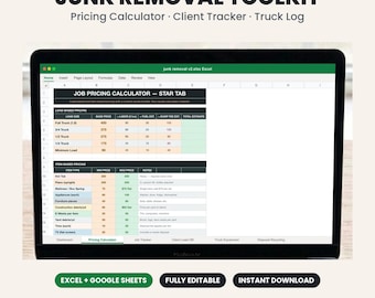 May include: A laptop screen displaying a Junk Removal Toolkit spreadsheet with a Job Pricing Calculator, including load-based and item-based pricing tables. The interface features tabs for Dashboard, Pricing Calculator, Job Tracker, Client Lead DB, and Truck Equipment.