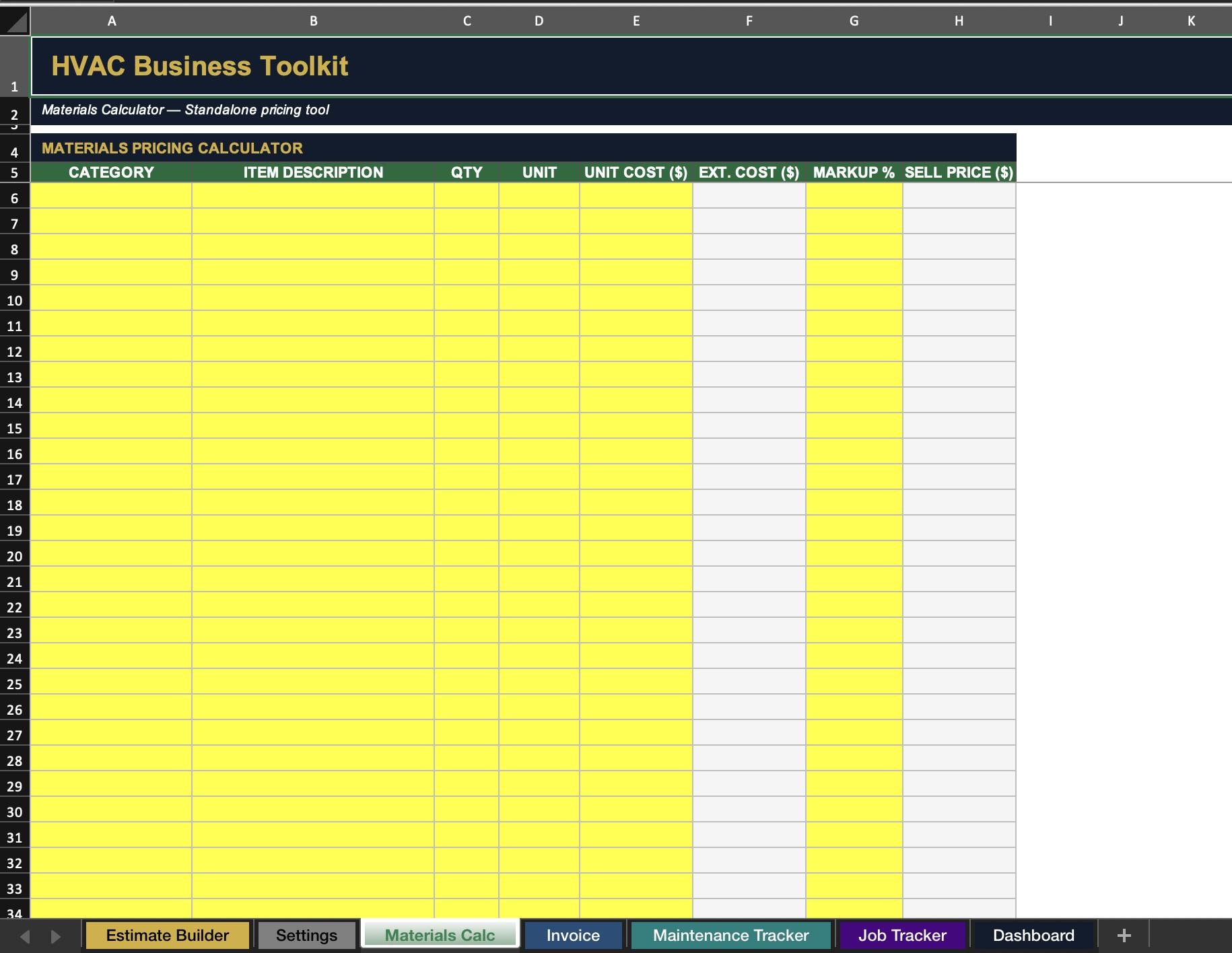 Installation Spreadsheet HVAC Business Toolkit Excel | Estimate, Invoice, Job Tracker ...