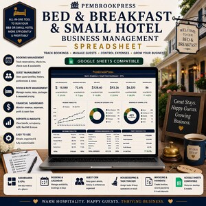 Bed and Breakfast Spreadsheet, Small Hotel Business, Inn Planner, Boutique Hotel, Hospitality Tracker, Small Business, Google Sheets Excel