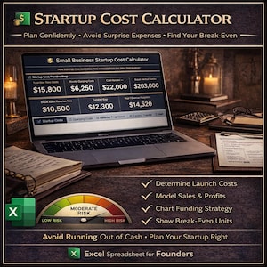 May include: A laptop screen shows a "Small Business Startup Cost Calculator." The image includes financial data, a risk assessment gauge, and the text "Avoid Running Out of Cash." An Excel spreadsheet icon is also visible.