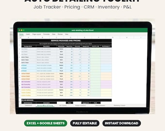 May include: A laptop screen displaying an Auto Detailing Toolkit spreadsheet with tabs for Job Tracker, Pricing, CRM, Inventory, and P&L. The screen shows a Service Packages and Pricing table with columns for package name, vehicle size, and costs.