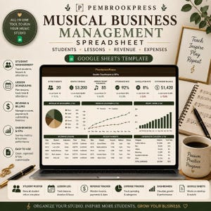May include: A digital musical business management spreadsheet template for Google Sheets by Pembrokepress. The screen displays a studio dashboard with KPIs, revenue, expenses, and student data. Features include student management, lesson scheduling, and billing.