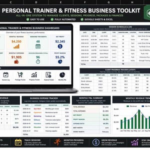 May include: A laptop screen displays a fitness business toolkit dashboard with financial data, client management tools, and session tracking. The toolkit includes revenue, profit, and expense trackers, and a monthly revenue trend graph. The text reads "Personal Trainer & Fitness Business Toolkit".