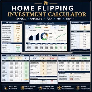May include: A digital home flipping investment calculator with various data visualizations and financial metrics. The interface displays charts, tables, and key performance indicators, including profit, ROI, and project timelines. The calculator is designed to analyze, calculate, plan, flip, and profit.