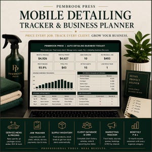 May include: A laptop screen shows a mobile detailing tracker and business planner with financial data and service details. A spray bottle, towels, and a plant are on the desk. The text reads: "Price every job. Track every client. Grow your business."