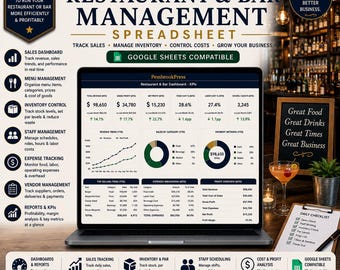 Restaurant Business Spreadsheet, Bar Management, Restaurant Planner, Menu Pricing, Food Service, Small Business, Google Sheets Excel