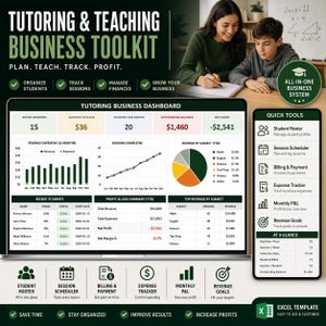 Peut inclure: Un kit d'outils numérique pour les entreprises de tutorat avec un tableau de bord affichant des données financières, des graphiques et des diagrammes. Le kit d'outils comprend des fonctionnalités pour la gestion des étudiants, la planification, la facturation, le suivi des dépenses et les objectifs de revenus.
