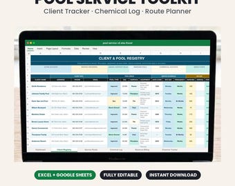 May include: A laptop screen displaying a Pool Service Toolkit spreadsheet titled Client & Pool Registry. The interface includes columns for client names, addresses, pool specifications, service schedules, and billing information for pool maintenance.