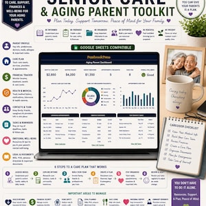 May include: A digital senior care and aging parent toolkit by PembrookPress featuring a laptop displaying an aging parent dashboard with financial and health tracking charts, alongside a caregiver checklist, icons, and text guides for family support.