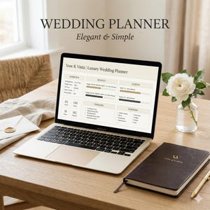 May include: A laptop displaying a wedding planner template sits on a wooden table next to a notebook, pen, and a small vase with a white rose. The text "WEDDING PLANNER Elegant & Simple" is at the top of the image.