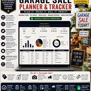 Puede incluir: Un planificador y rastreador digital de ventas de garaje mostrado en una pantalla de computadora portátil, con un tablero de datos de ventas, gráficos y resúmenes de gastos. El diseño incluye encabezados de texto, iconos y listas para organizar artículos.