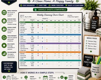 Cleaning Schedule Spreadsheet, Family Chore Chart, Household Planner, Cleaning Checklist, Chore Tracker, Deep Clean, Google Sheets Excel
