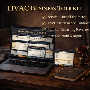 May include: A laptop displaying the "HVAC Business Toolkit" interface, with checkmarks next to features like "Service + Install Estimates" and "Increase Profit Margins." A notebook, pen, and a small card are also on the wooden desk.