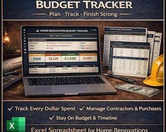 Home Renovation Budget Tracker Spreadsheet | Expense Log, Contractor Tracker, Timeline & Material List | Excel Template