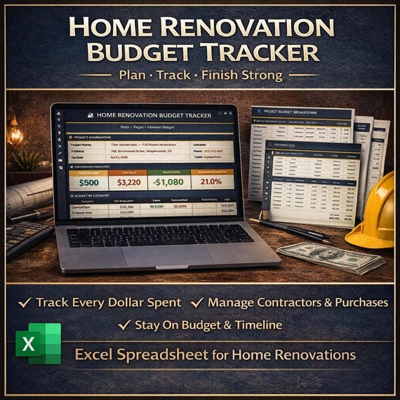 Home Renovation Budget Tracker Spreadsheet | Expense Log, Contractor Tracker, Timeline & Material List | Excel Template