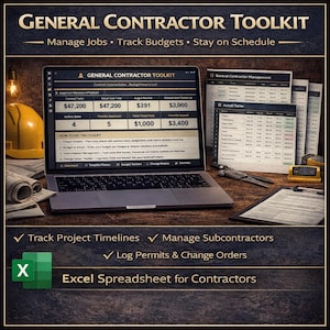 Op de afbeelding: Een laptop met een "General Contractor Toolkit" spreadsheet, met ondersteunende documenten en een gele helm. De afbeelding bevat de tekst "Manage Jobs, Track Budgets, Stay on Schedule" en "Excel Spreadsheet for Contractors."