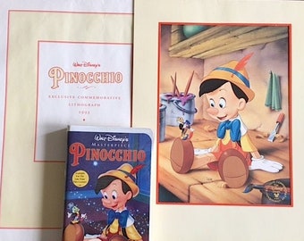 Pinocchio Collectibles - Pinocchio VHS And Pinocchio Lithograph - Sealed Walt Disney&#39;s Masterpiece Pinocchio Vhs And 1993 Lithograph