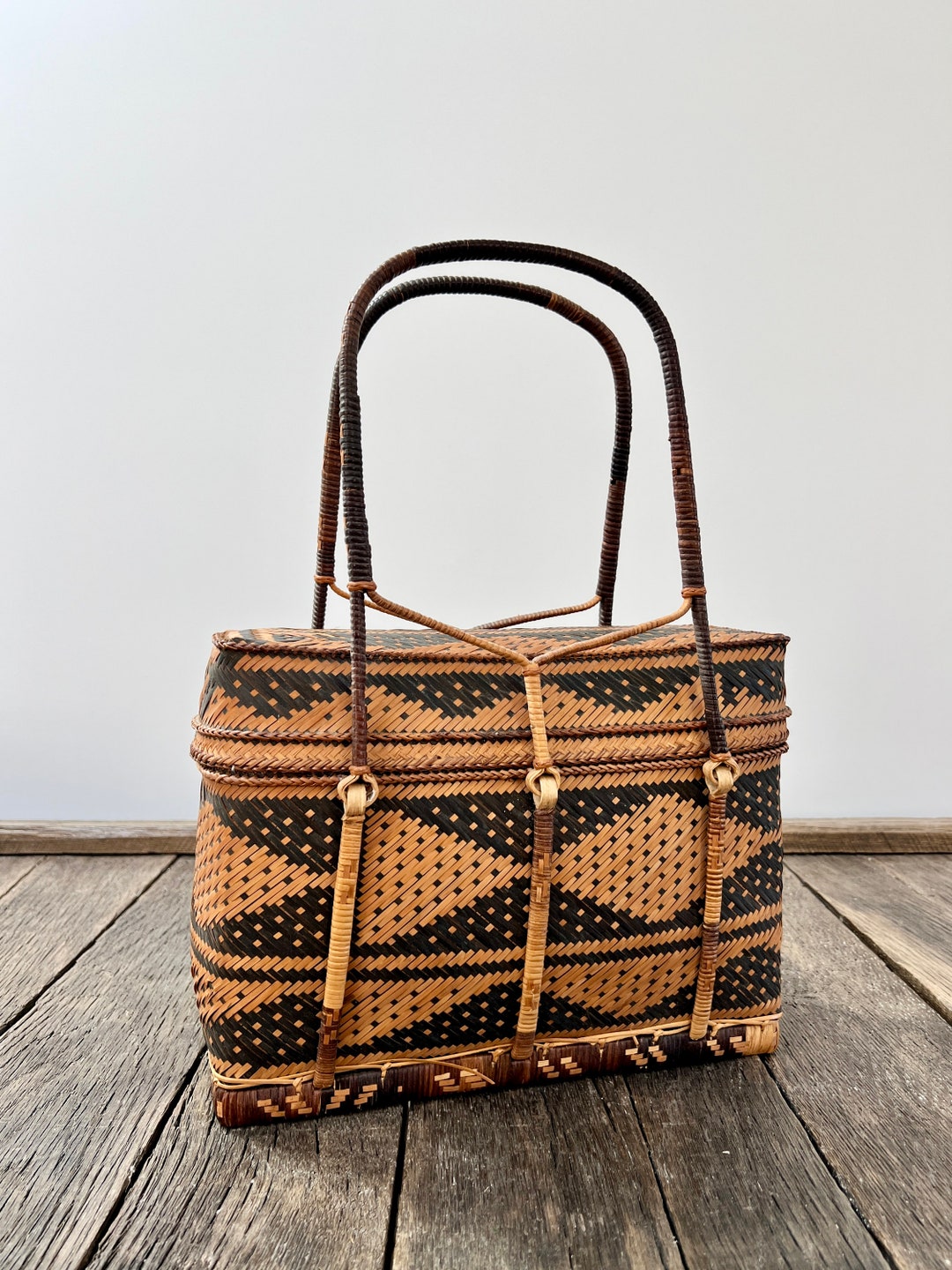 Vintage Tiruray Tribe Philippines Woven Cane Basket Hand Bag Beige and