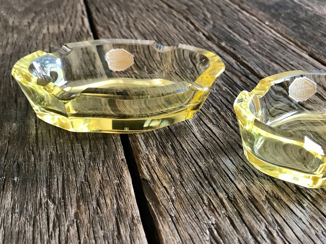 Yellow Crystal Glass Ashtrays 2 Vintage Crystal Ashtrays Etsy