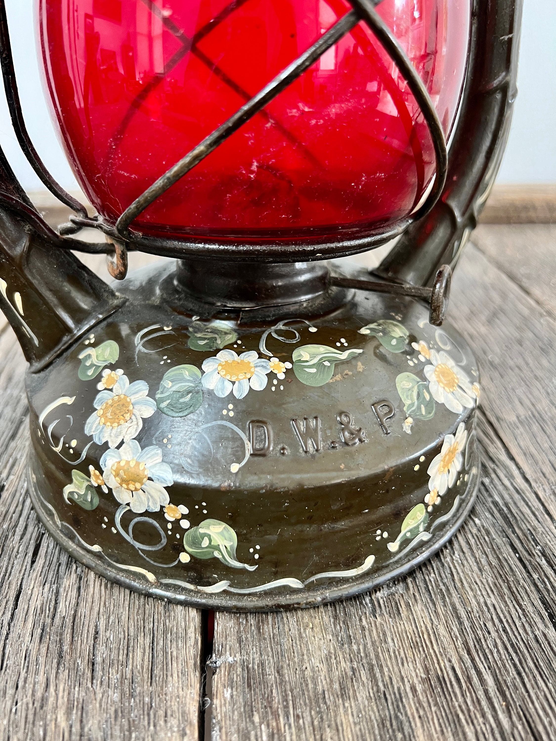 Vintage Dietz Monarch Lantern With Red Globe - Hand Painted Floral