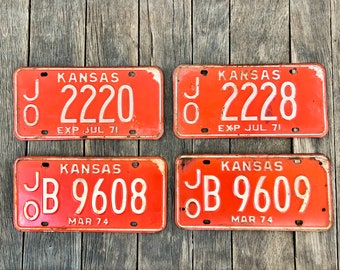 4 1971 1974 Kansas License Plates - Vintage Orange And White Kansas License Plates