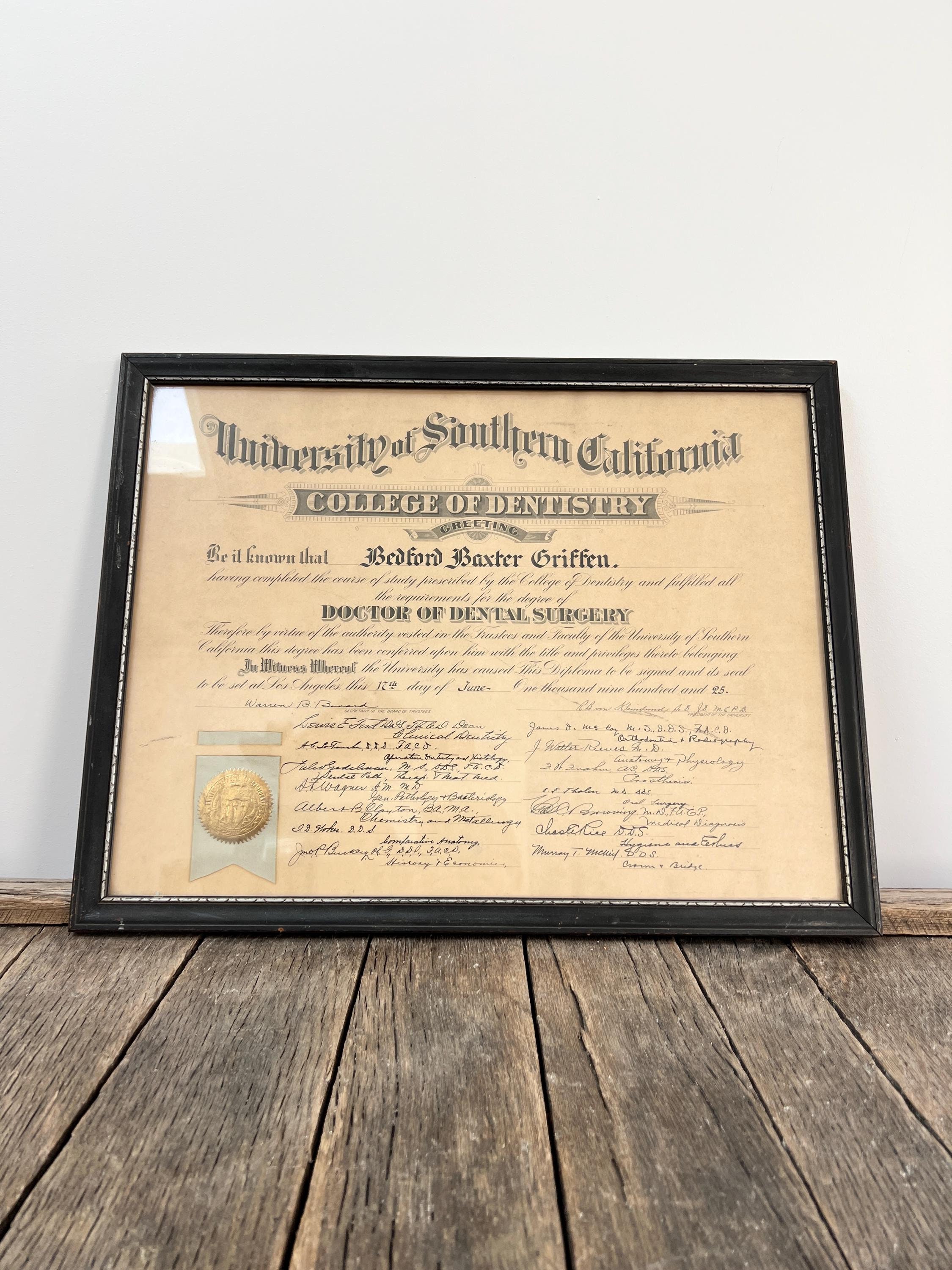 1925 USC Diploma - Antique USC College Of Dentistry Diploma 22" W x 17 1/2" T With Antique Frame