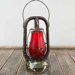 Vintage Dietz Monarch Lantern With Red Globe - Hand Painted Floral