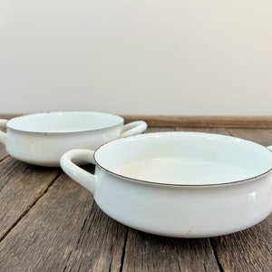 2 Vintage Dansk Enamelware 7&quot; Pots - White Enamel On Metal Pots
