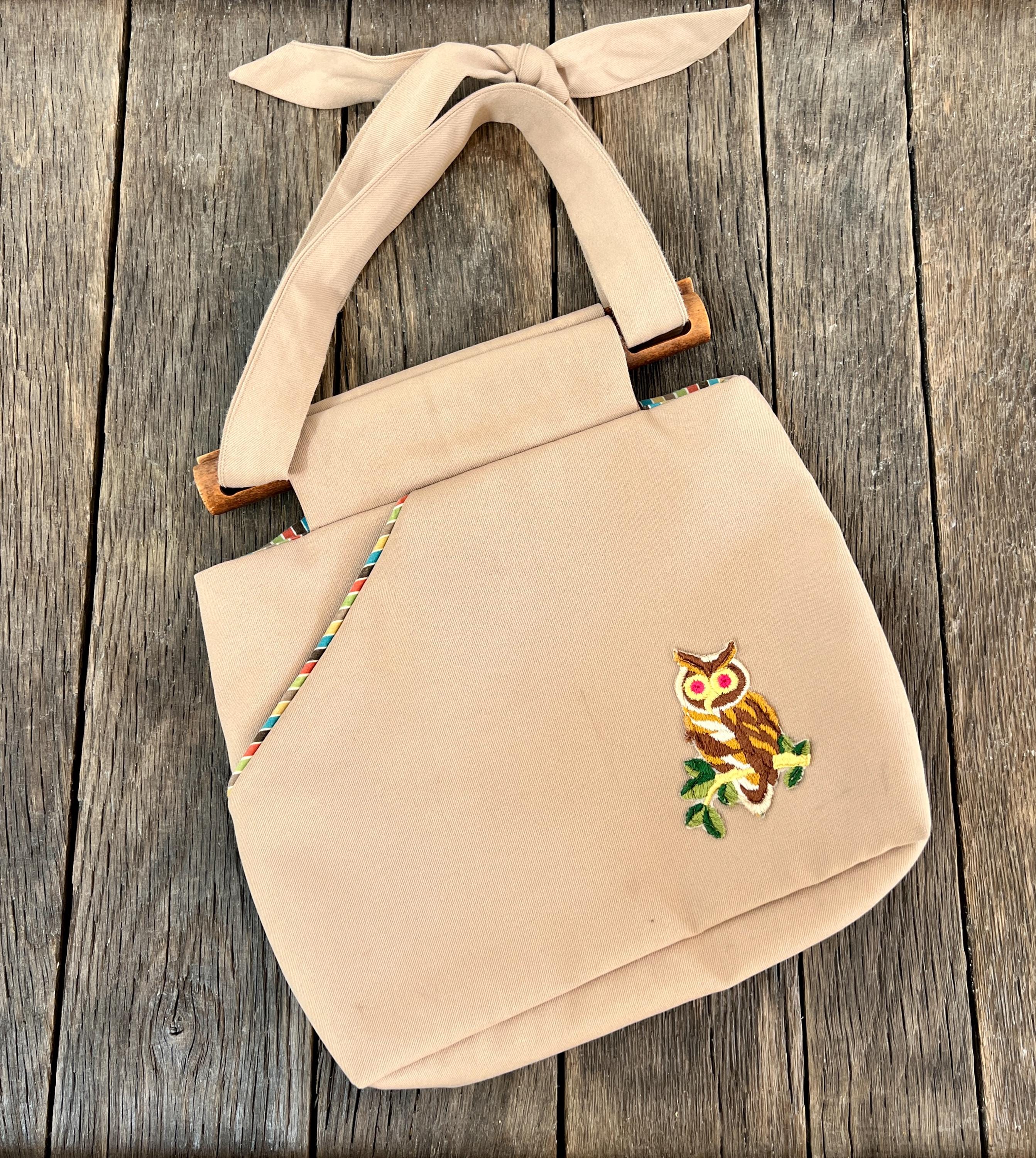 Vintage Owl Patch Canvas Purse - 1980s Wooden Handle Bag