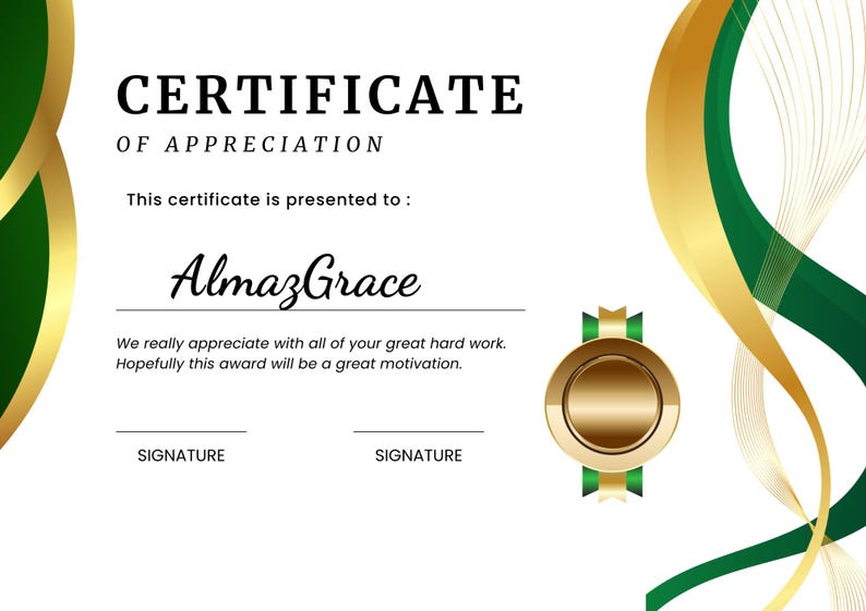 Editable Certificate of Appreciation Template | Green and Gold Modern ...