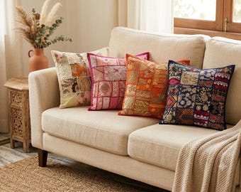 Handcrafted Patchwork Decorative Throw Pillow Cover – 16x16 Boho Accent Cushion for Sofa
