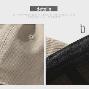 May include: Close-up of a beige baseball cap, showcasing detailed stitching and fabric texture. The image highlights the cap's construction, with a focus on the seams and the interior brim. The word "details" is in a gray box.
