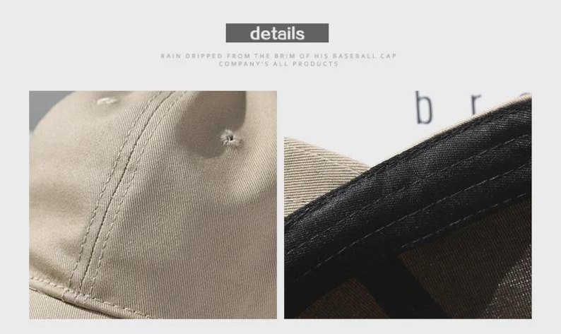May include: Close-up of a beige baseball cap, showcasing detailed stitching and fabric texture. The image highlights the cap's construction, with a focus on the seams and the interior brim. The word "details" is in a gray box.