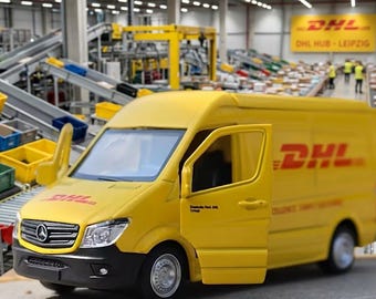 Mercedes-Benz Sprinter DHL Van, Featuring Openable Doors And a Pull-Back Mechanism Scale 1:36