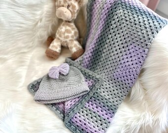 Heirloom Cotton Granny Stripe Baby Blanket, Lavender & Gray 0-3M Hat Set