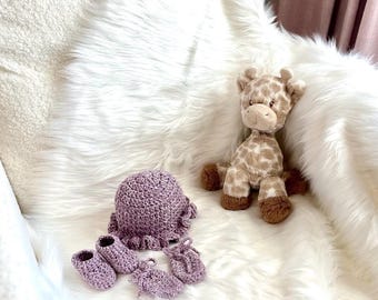 Lavender Fields Crochet Baby Set, Ruffled Bonnet Booties & Mittens Gift Bundle
