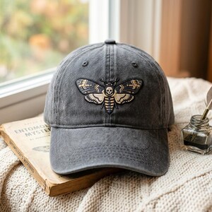 Washed Cotton Cap with Embroidered Death's-head Hawkmoth – Vintage Style Headwear, Spooky Hat