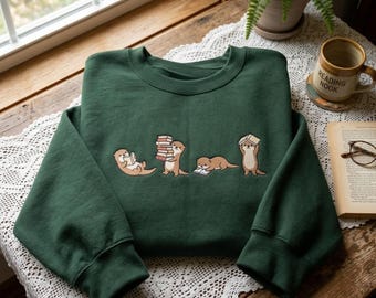 Embroidered Otter Reading Sweatshirt, Book Lover Tee, Librarian Shirt, Teacher Gift, Funny Otter Shirt