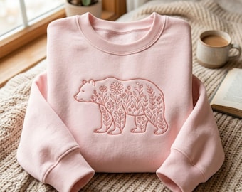 Embroidered Floral Bear Sweatshirt, Nature Animal Lover Gift, Cozy Crewneck Top